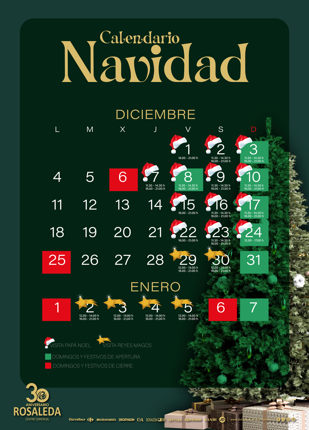 Calendario de apertura de Navidad y visitas de Papá Noel y Reyes Magos